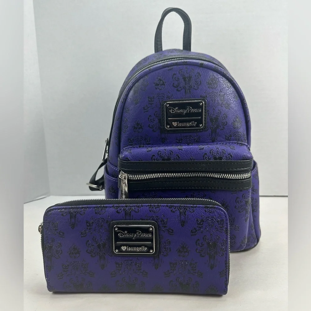 Loungefly Haunted Mansion Purple Wallpaper Mini Backpack & Wallet OG Heart Logo